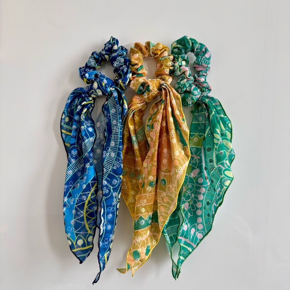 Anthropologie Blue, Yellow, Green Patterned Scarf Scrunchie Trio